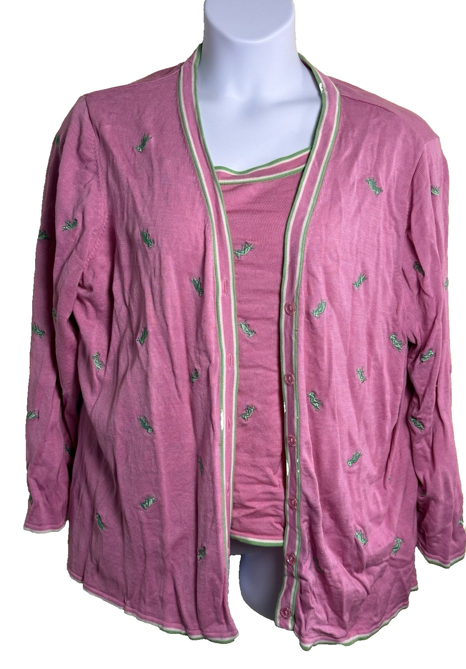 Quaker Factory 3xl Pink Green Grasshopper Embroidered Cardigan Tank Sweater Set